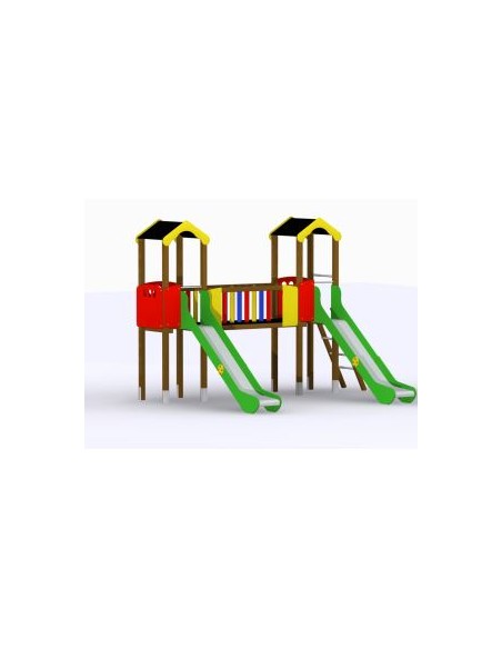 Torre con puente y doble tobogán para parques infantiles