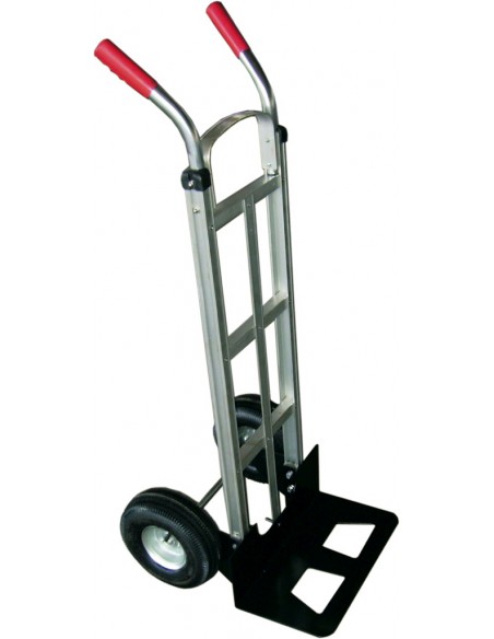 Carretilla de aluminio para almacén con tira central de refuerzo.