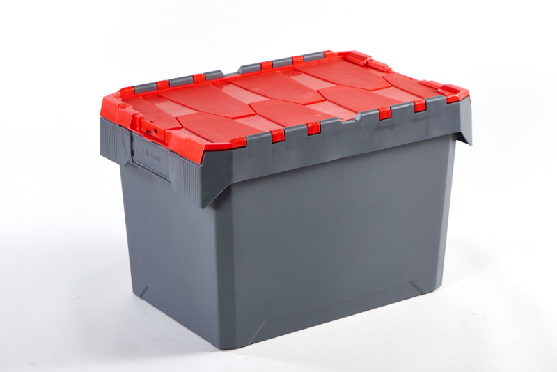 Caja de plástico con tapa integrada para transporte