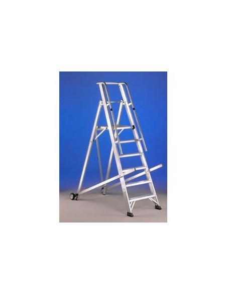 Escalera profesional con ruedas y barandilla. Peldaño ancho.